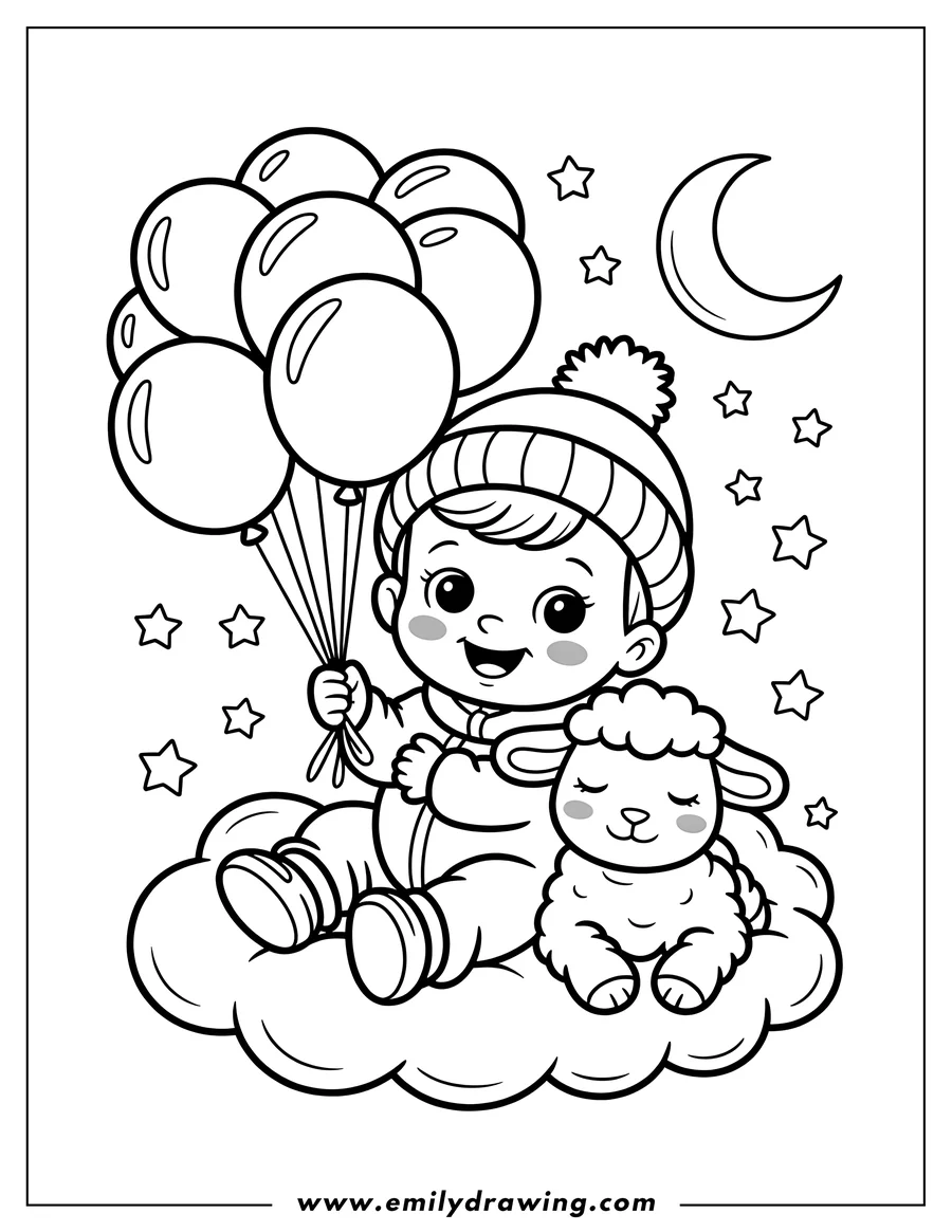 Outline of a baby and a lamb sitting on a cloud, with the baby holding balloons. Stars and a crescent moon are visible in the background.