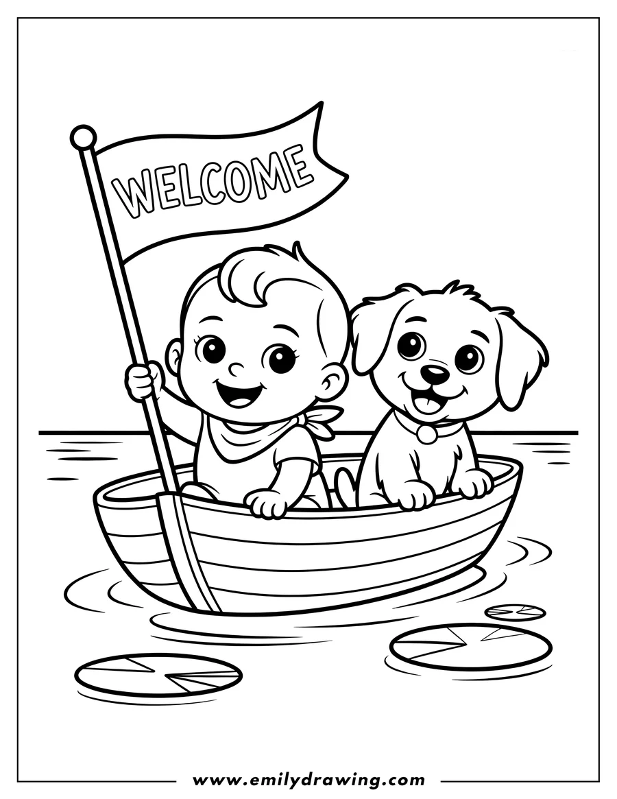 Outline of a baby and a puppy sitting in a small rowboat on a pond with lily pads, a welcome flag flies from the boat's stern.