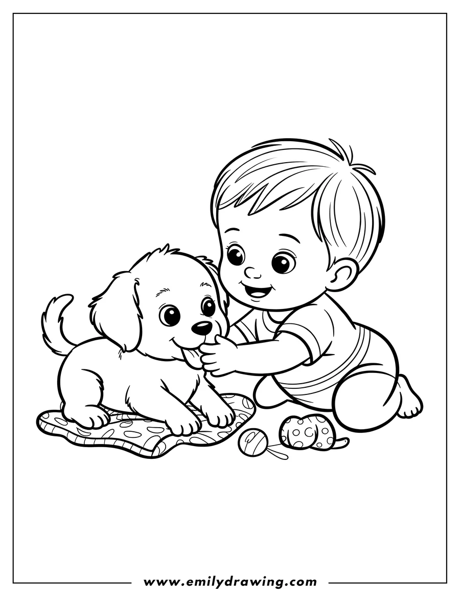 Outline of a baby playing with a puppy on a blanket. There are toys scattered nearby.