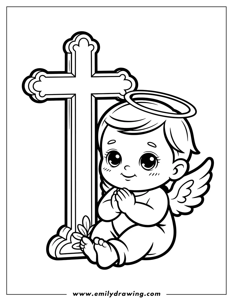Outline of a baby angel with a halo and wings, sitting with hands clasped in prayer by a decorated cross.