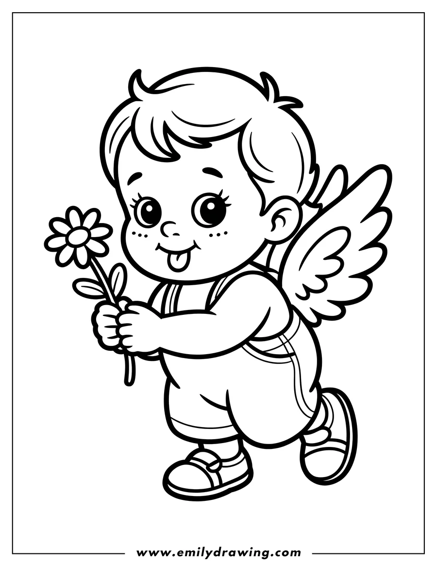 Outline of a baby angel holding a daisy-like flower, with small wings and a playful expression.