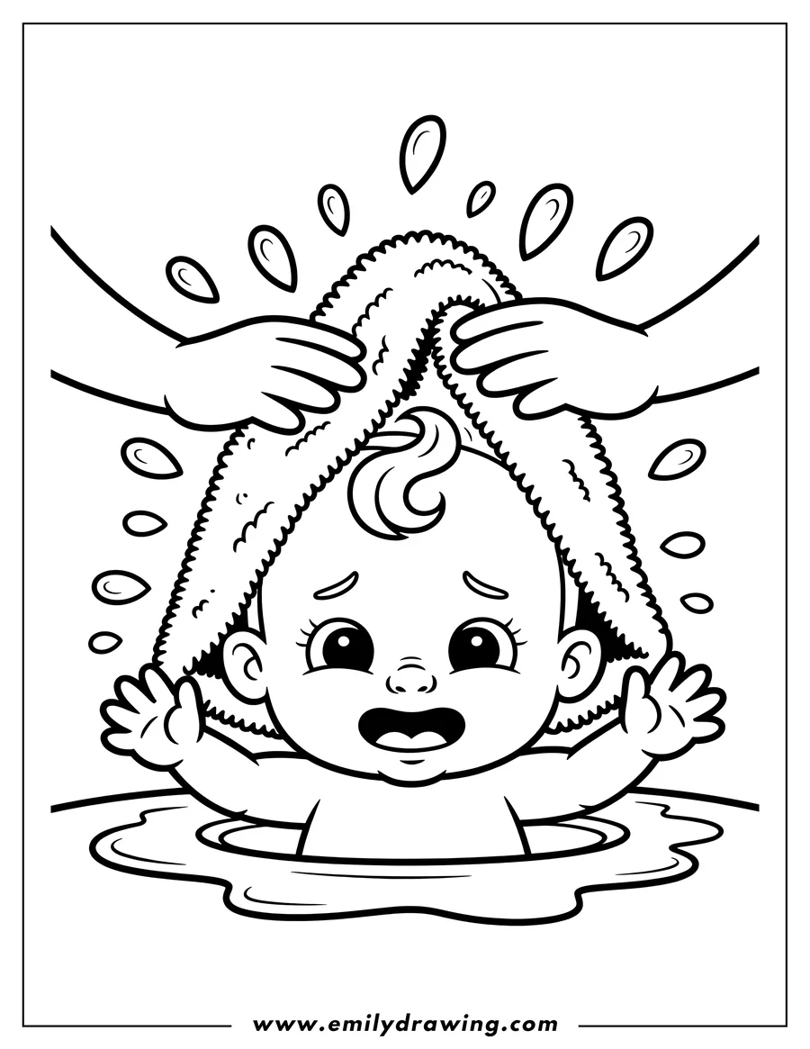 Line art of a baby being dried with a towel after bath time. Water droplets are splashing around.