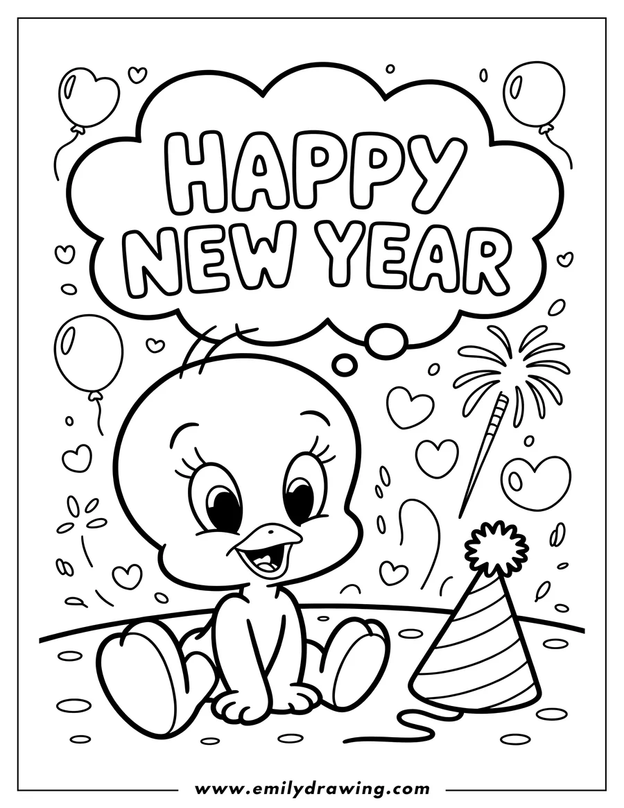 Line art of a baby bird sitting with a party hat and a 'Happy New Year' speech bubble above it, surrounded by balloons and confetti.