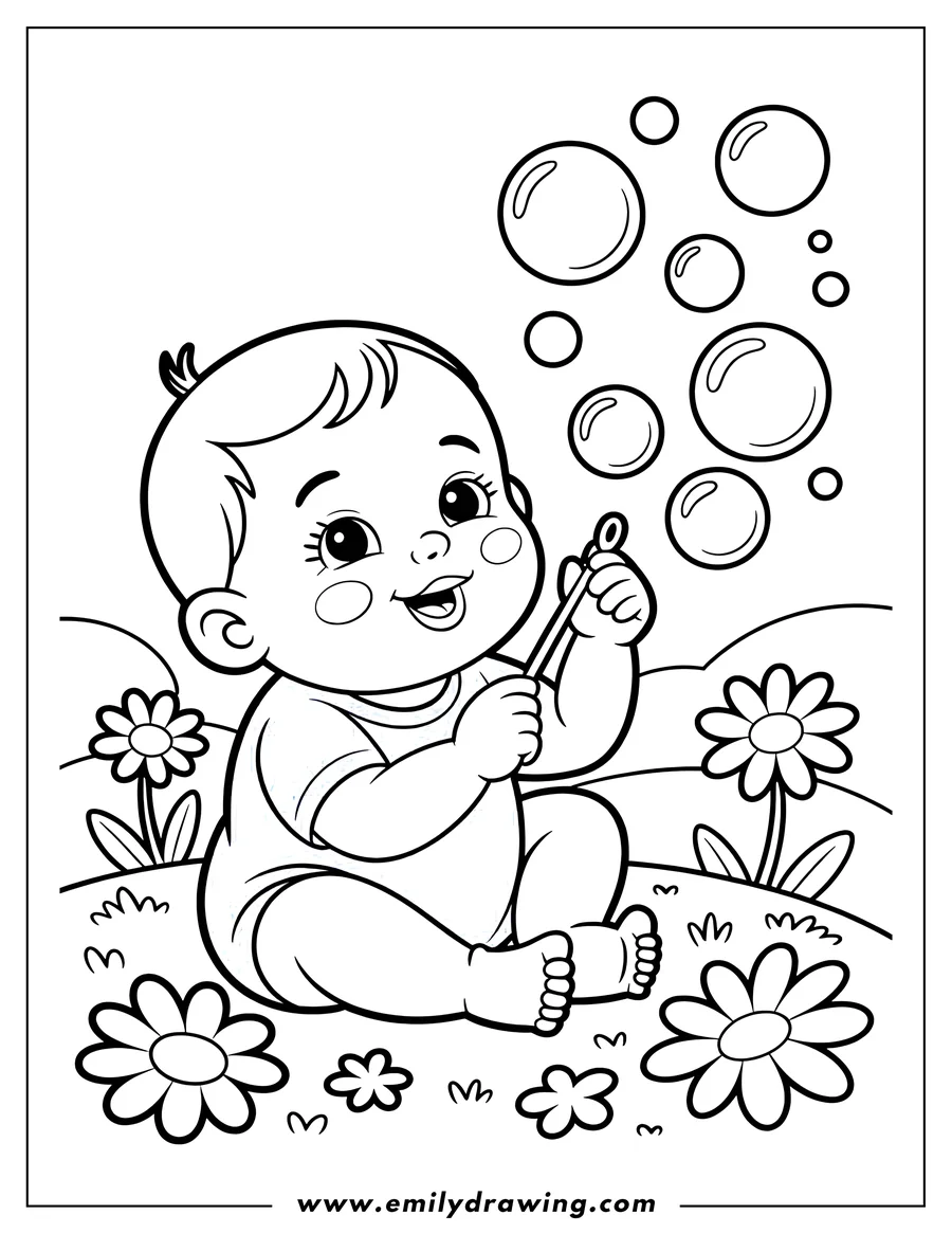Outline of a baby sitting and blowing bubbles, surrounded by flowers.