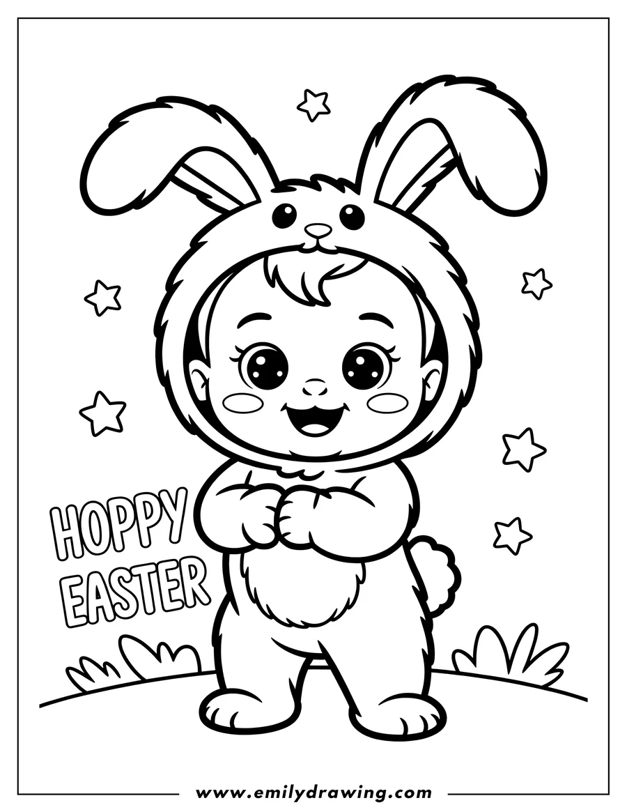 Outline drawing of a baby wearing a bunny costume, perfect for a festive Easter coloring activity.