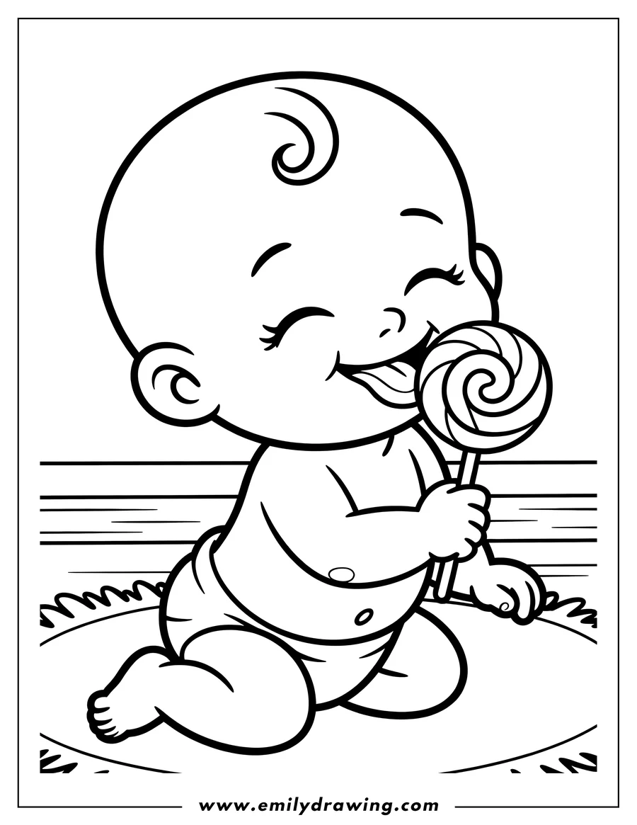 Outline of a baby happily eating a lollipop while sitting on a rug.