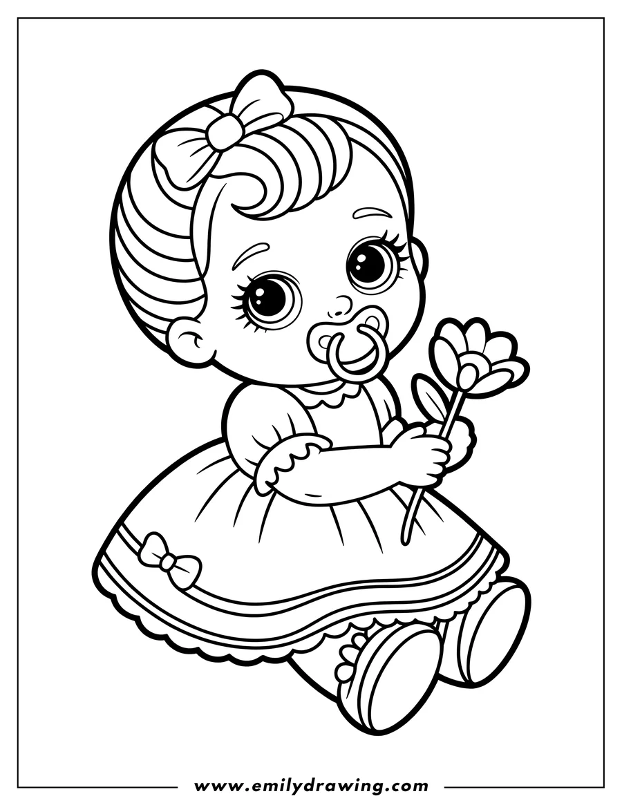 Outline of a baby girl holding a flower. She wears a dress and has a bow in her hair.