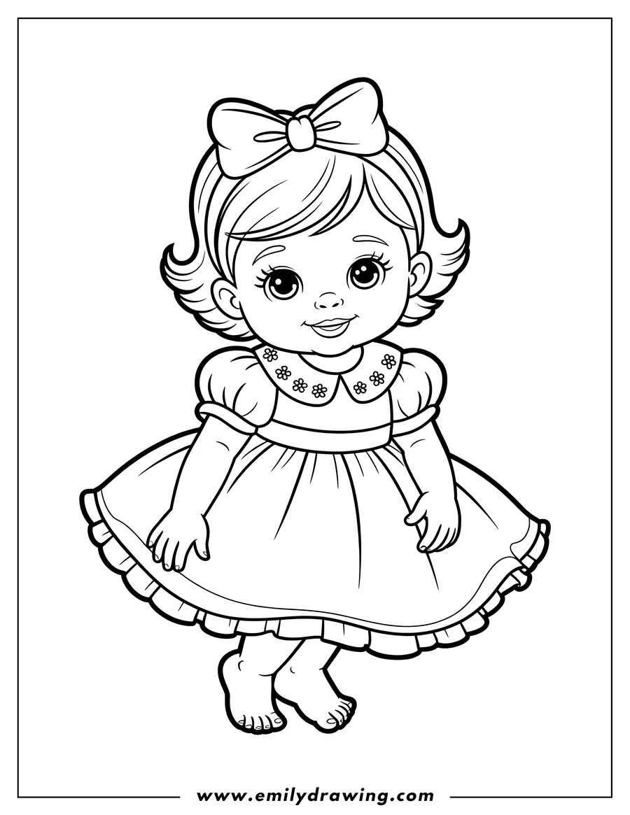 Outline of a baby girl wearing a frilly dress with flower details on the collar and a bow in her hair. She is barefoot and smiling.