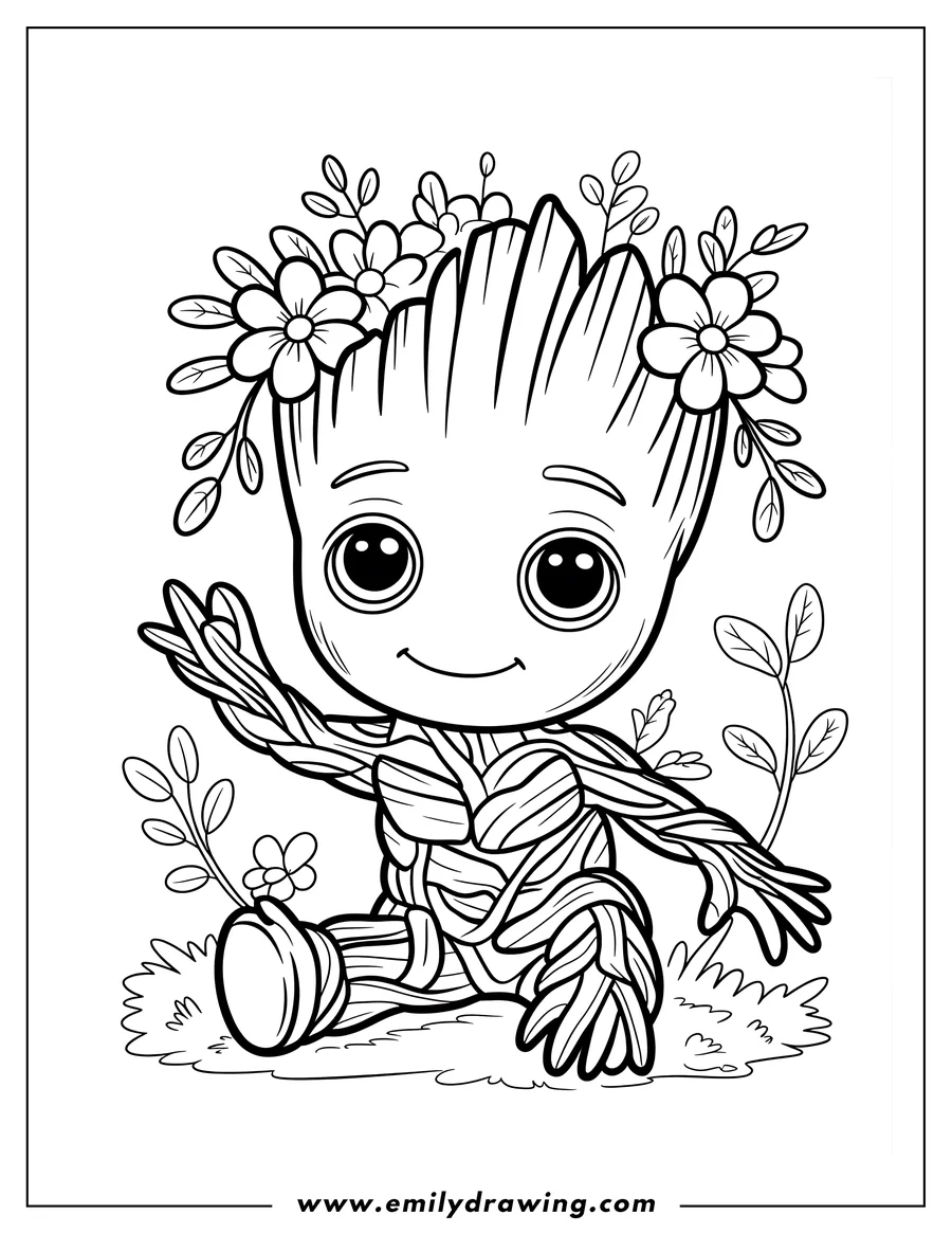 Line art of Baby Groot sitting in the grass, smiling and waving. He is adorned with a floral crown made of leaves and flowers.