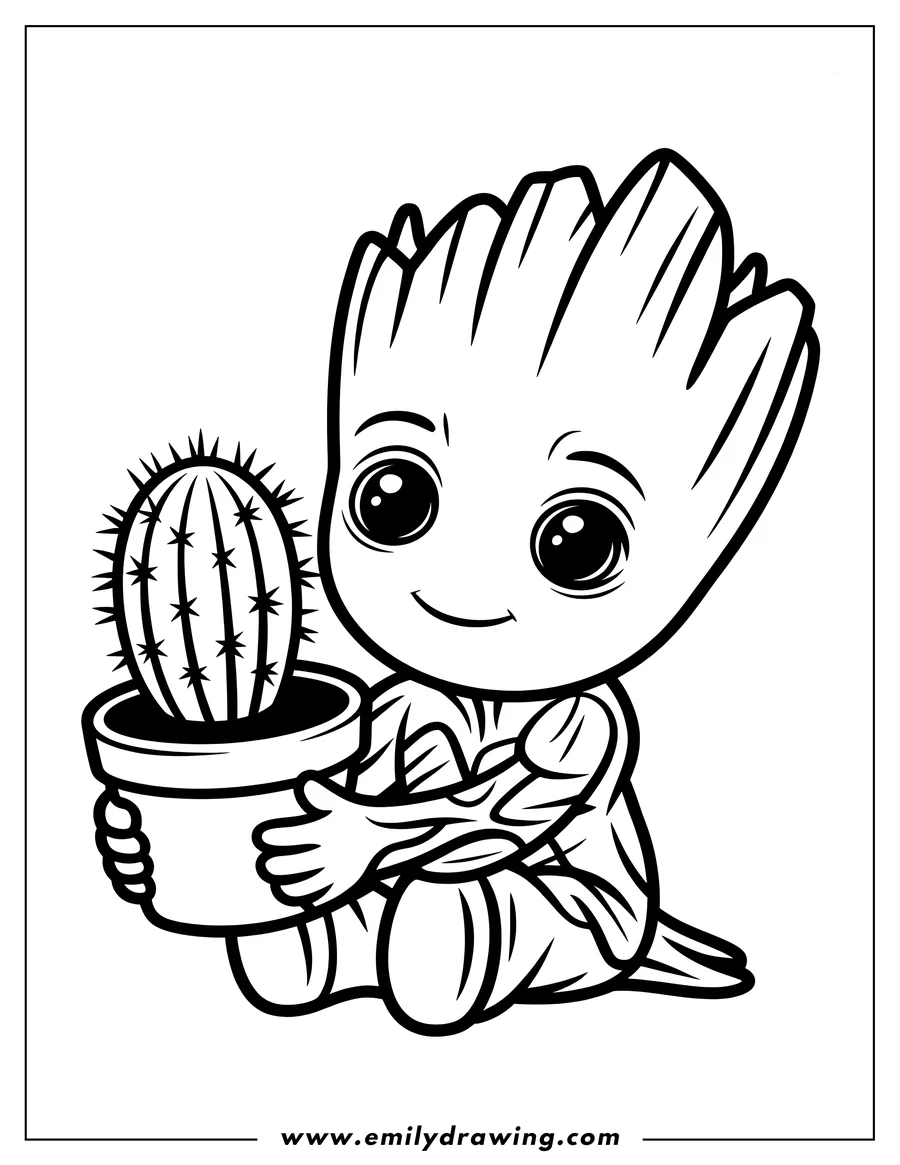 Outline of Baby Groot sitting and gently holding a potted cactus with both hands, featuring large eyes and wood textures.