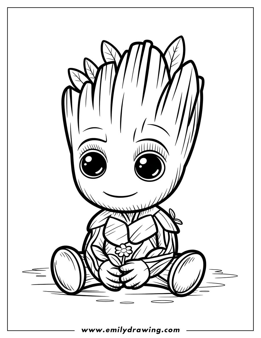 Outline of the adorable Baby Groot character sitting down and gently holding a small, seven-petaled flower between his hands. The character has detailed bark texture and several leaves sprouting from his head.