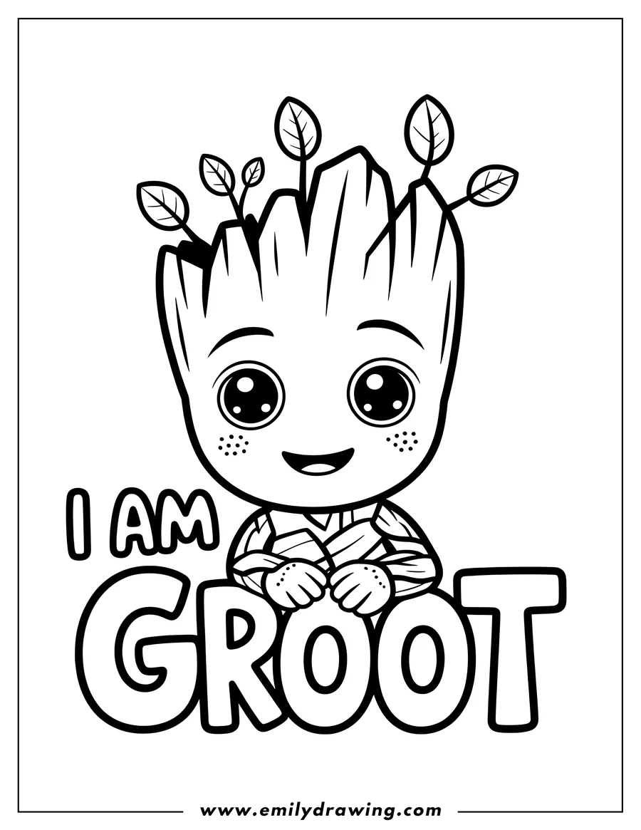 Line art showing a chibi-style Baby Groot standing with his arms resting on the large outline letters spelling 