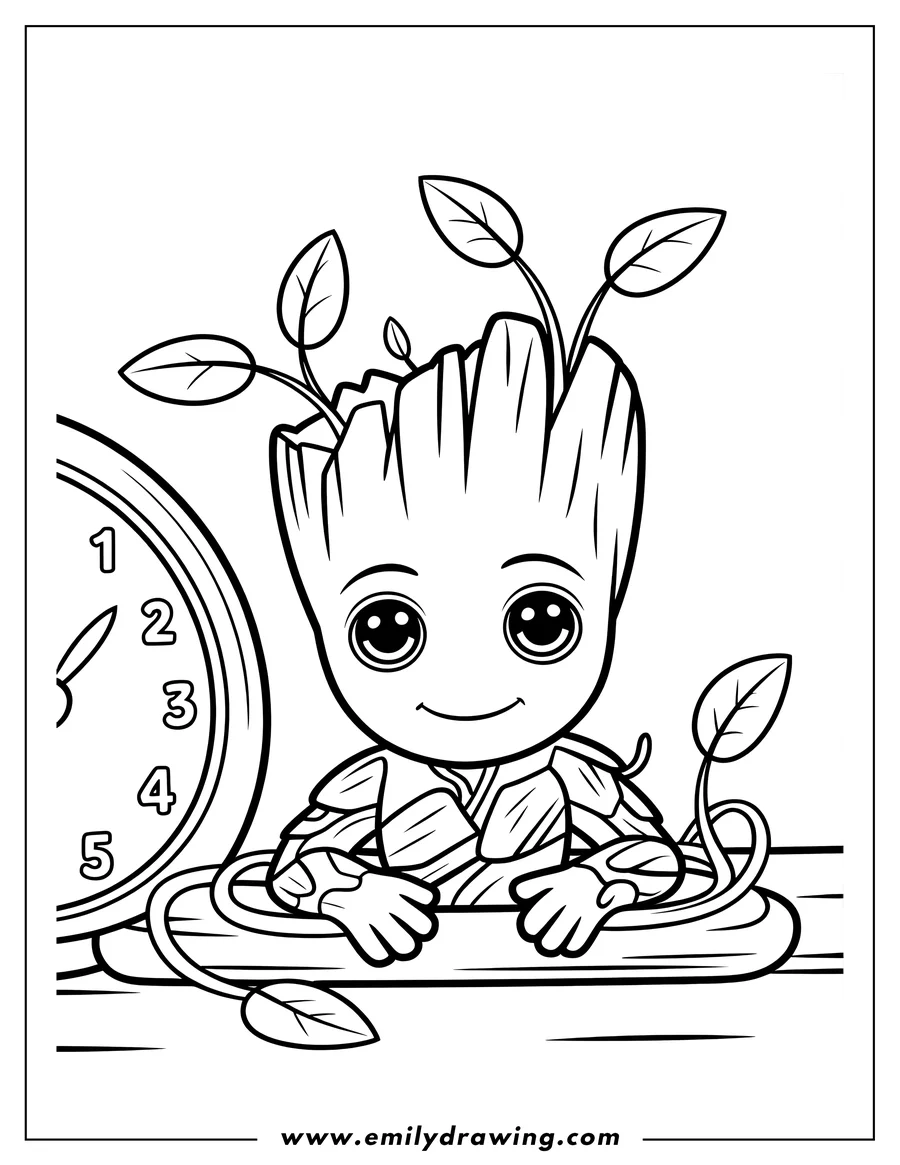 Line art of Baby Groot, the young, smiling tree character, sitting on a surface next to a large analog clock. He has fresh leaves growing from his head.