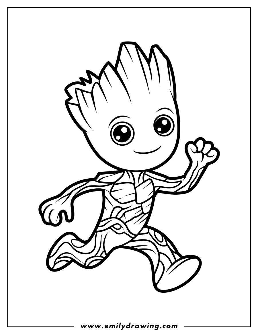 Line art featuring Baby Groot smiling and running or leaping forward. The character has large eyes and a detailed wood-like texture covering his body.