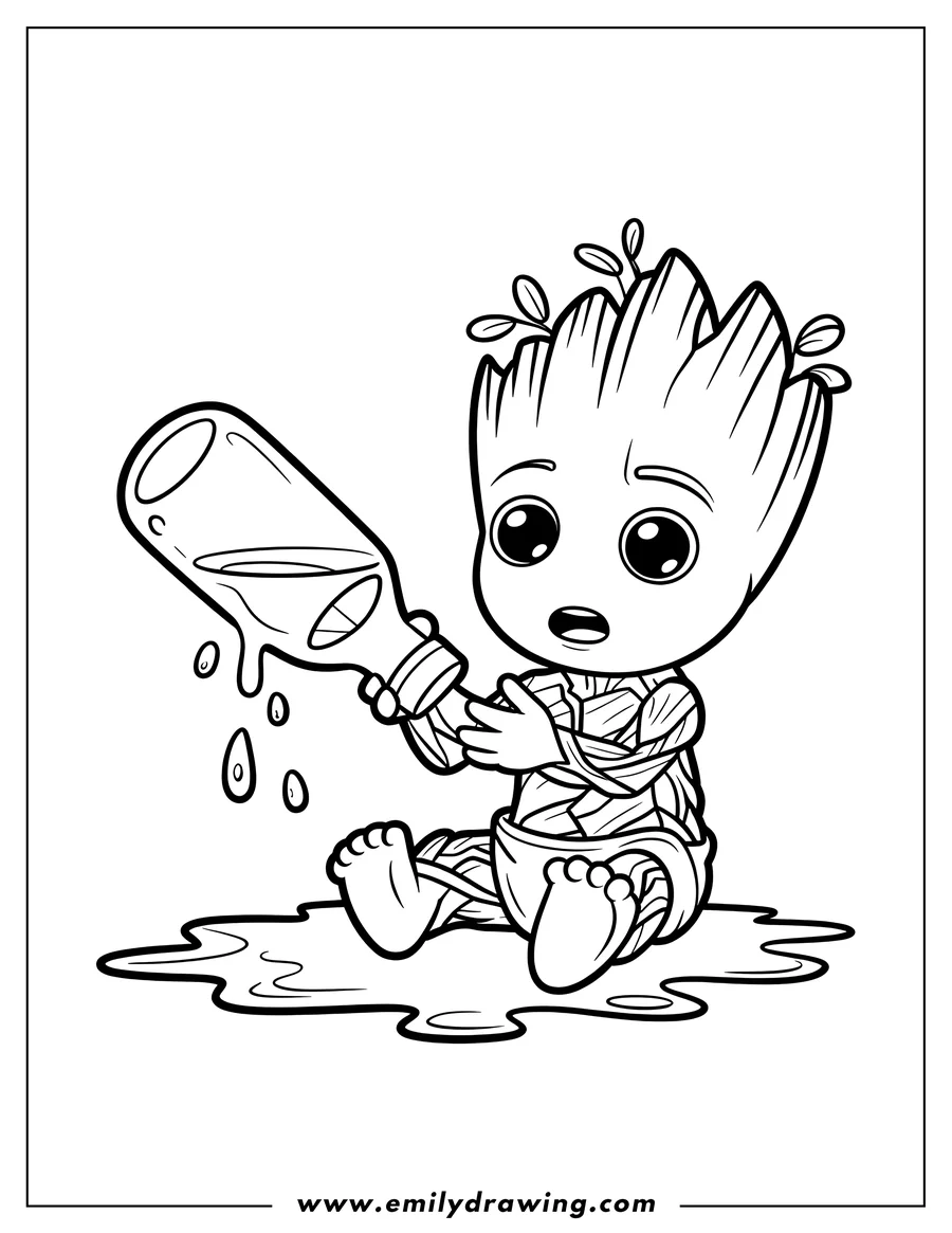 Outline of Baby Groot sitting down and holding a tilted bottle that is spilling liquid onto the ground, creating a puddle.