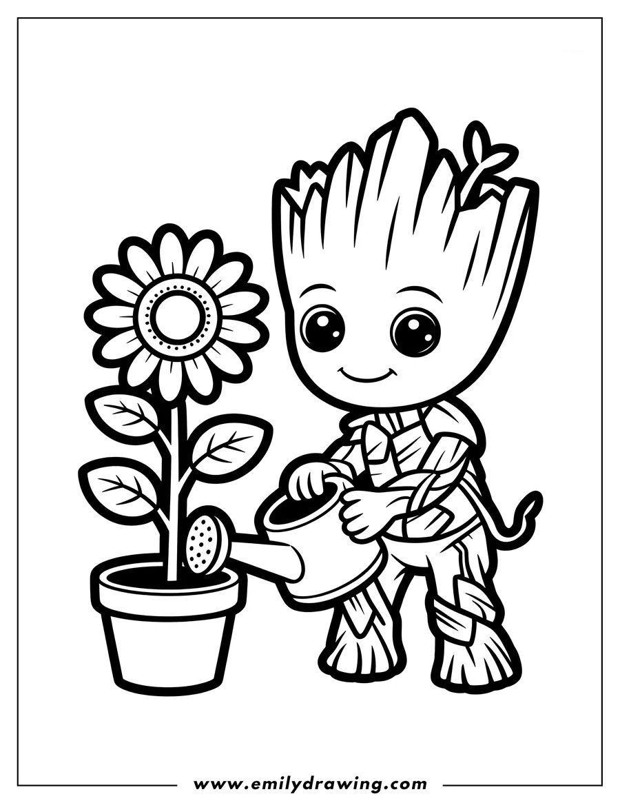 Outline of Baby Groot smiling and watering a potted flower with a small watering can.