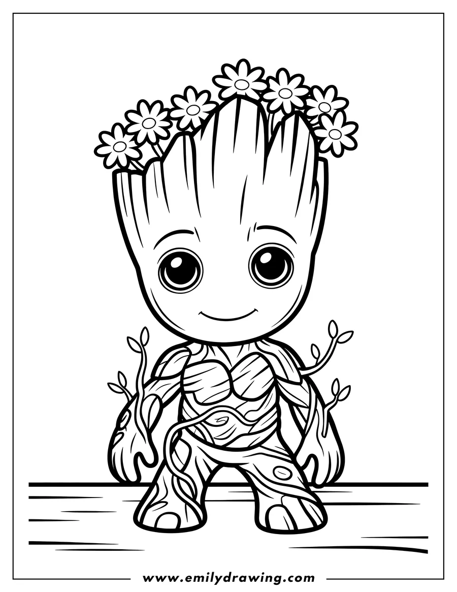Outline of Baby Groot, the sentient tree creature, smiling and standing on a wooden surface. He has small leaves/vines growing around his body and a crown of daisy-like flowers on his head.