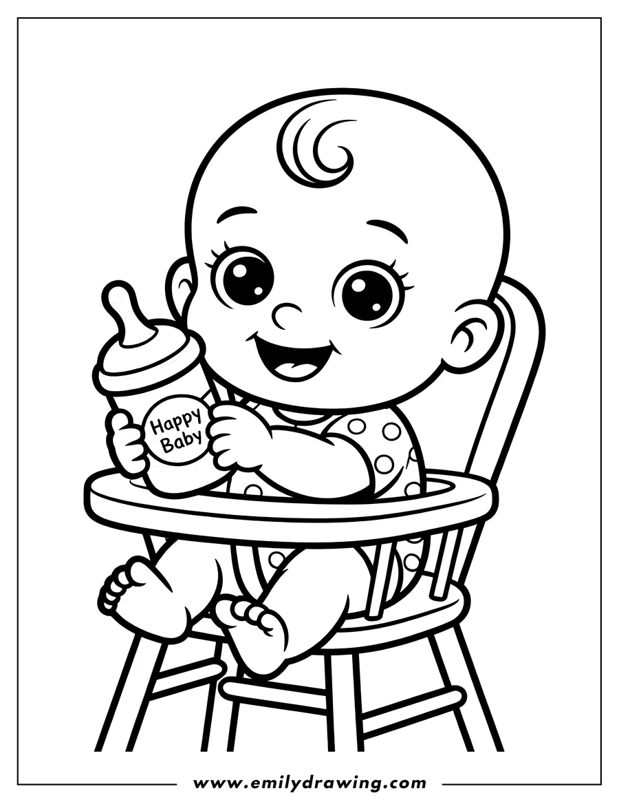Outline of a happy baby sitting in a high chair, holding a bottle.