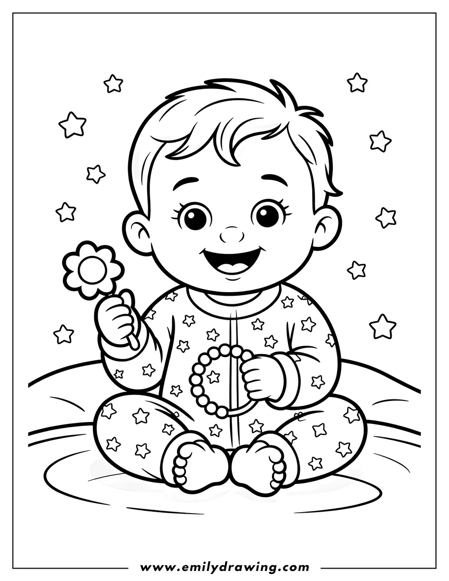 Outline of a baby wearing star-patterned pajamas, holding a flower in one hand and beads in the other. Stars decorate the background.