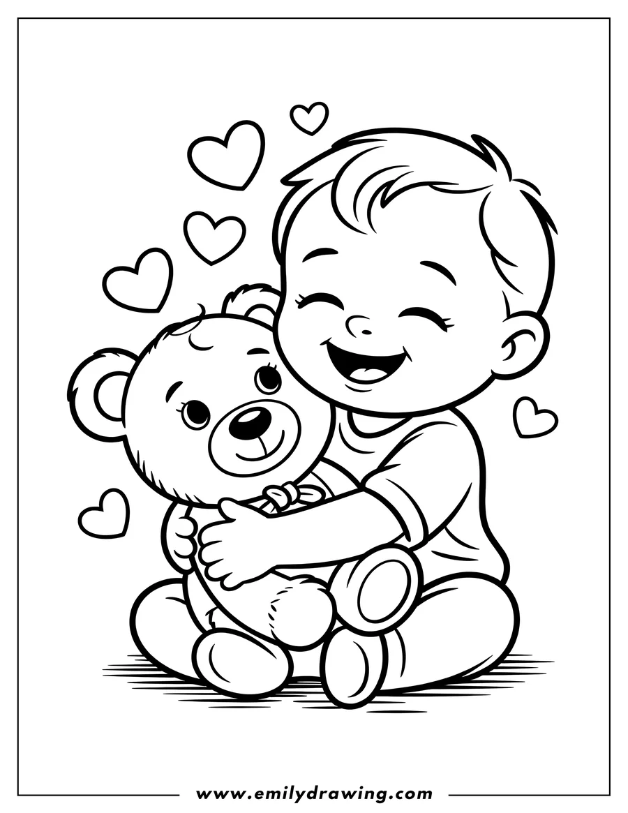 Outline of a happy baby hugging a teddy bear, surrounded by floating hearts.