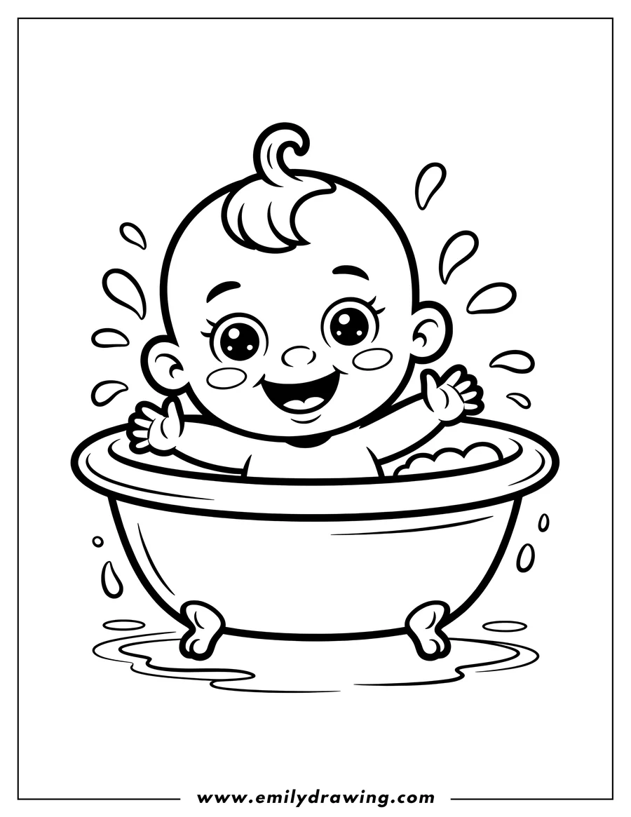 Line art of a baby happily splashing in a bathtub filled with bubbles.