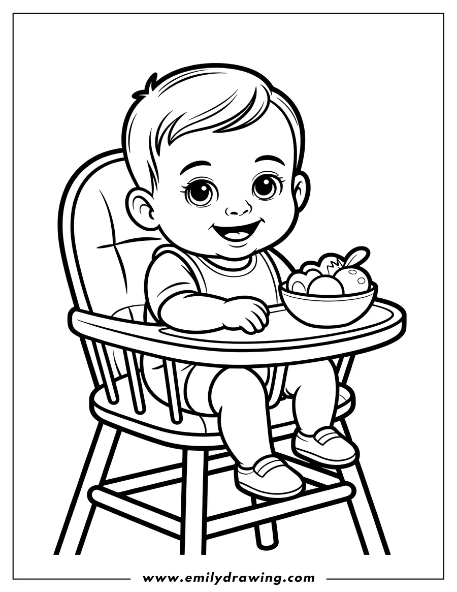 Outline of a baby sitting in a high chair with a bowl of food on the tray.