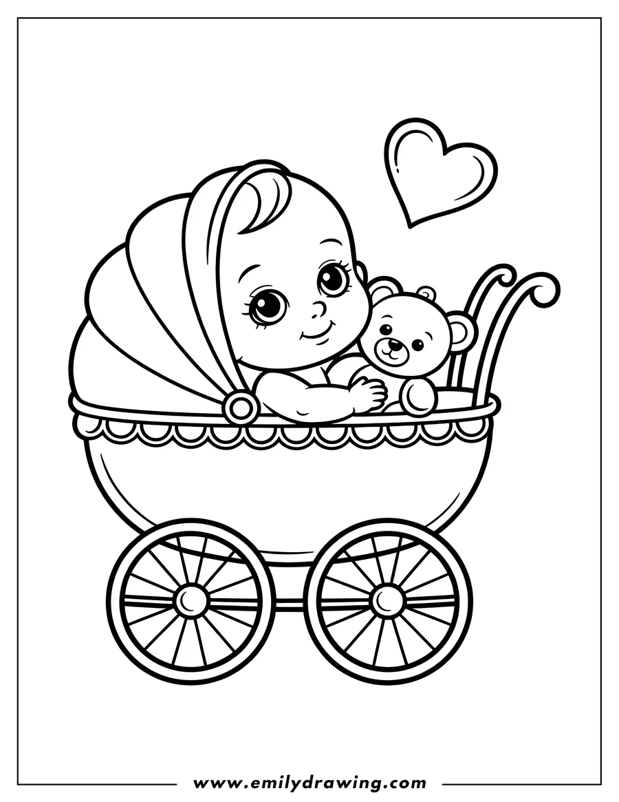 Outline of a baby sitting in a pram, holding a teddy bear.