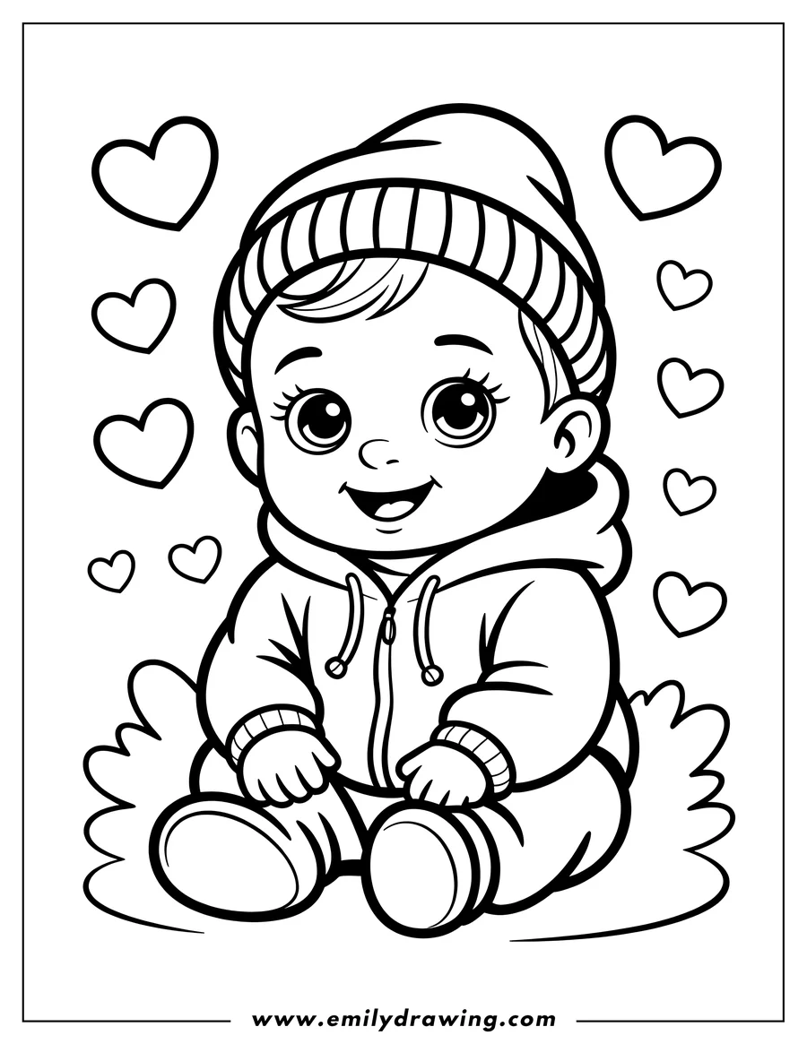 Outline of a baby wearing a winter hat and jacket, sitting down and smiling, surrounded by hearts.