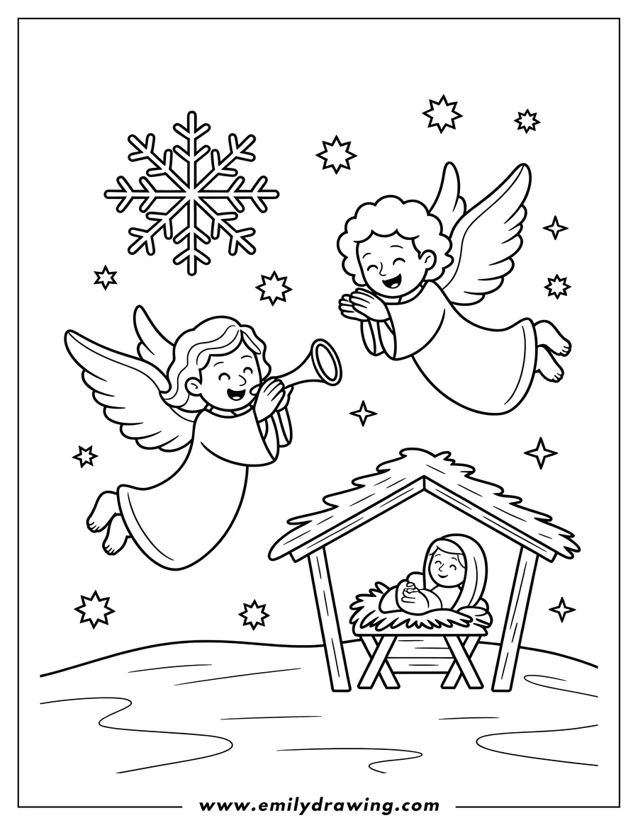 Line art illustration of Baby Jesus in the manger, with two angels overhead. One angel plays a trumpet, and the other claps. A snowflake and stars decorate the scene.