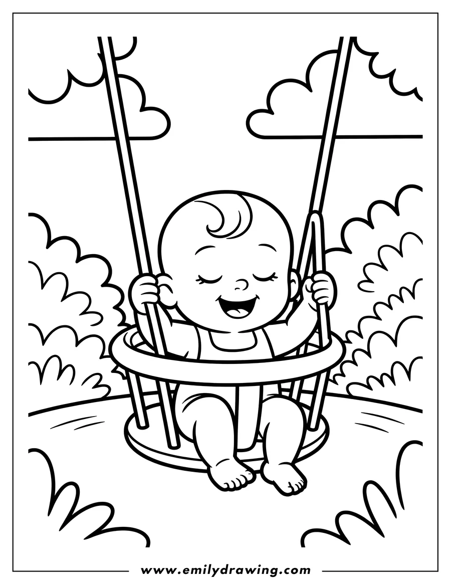 Outline of a baby happily swinging in a baby swing between two leafy bushes.