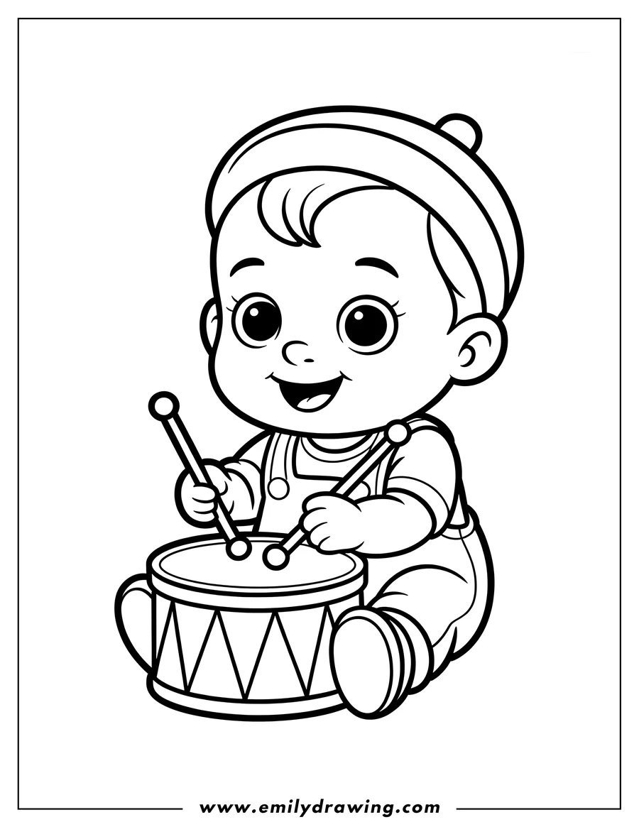 Outline of a baby sitting and playing a drum with drumsticks. The baby is wearing overalls and a hat.