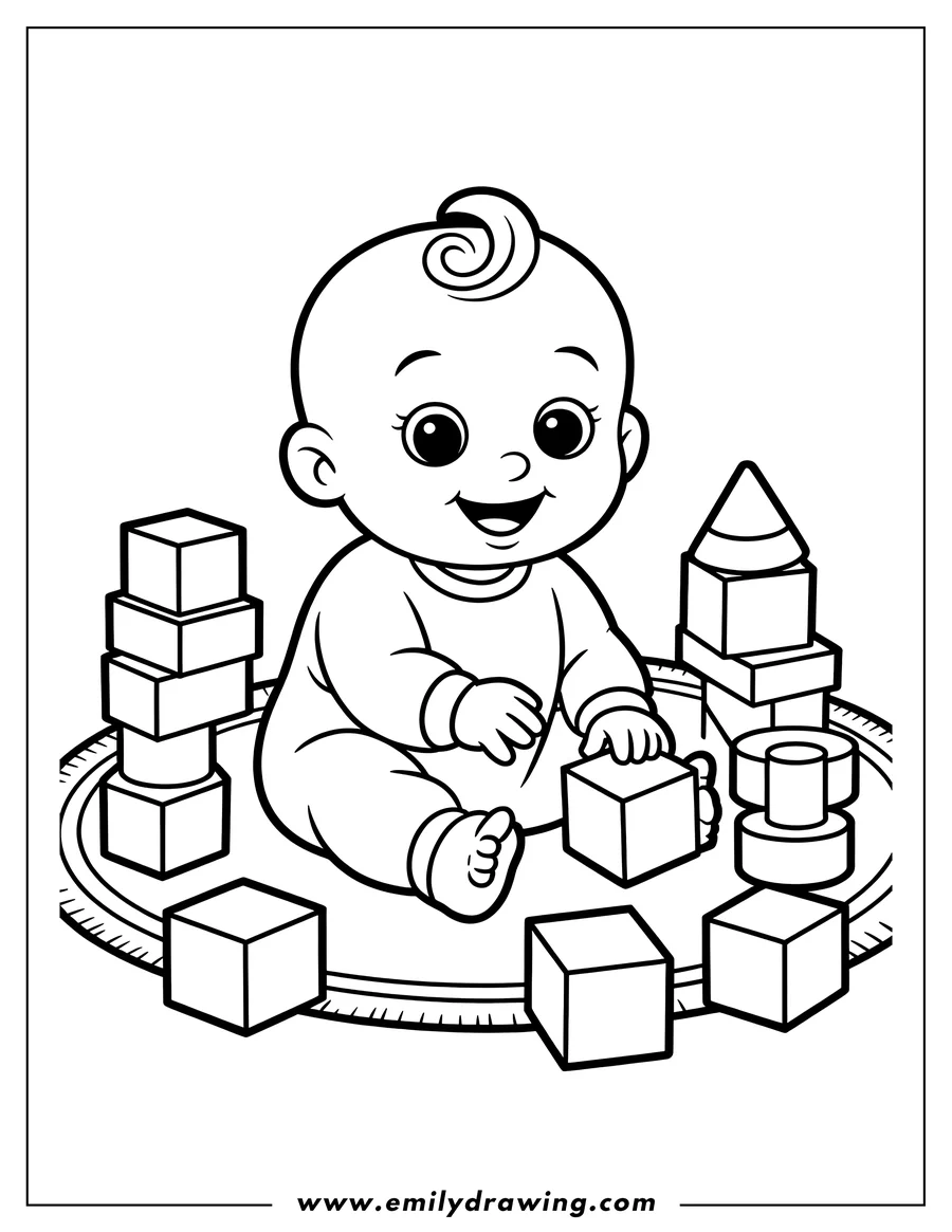 Outline of a baby sitting on a circular rug, playing with various shaped building blocks.