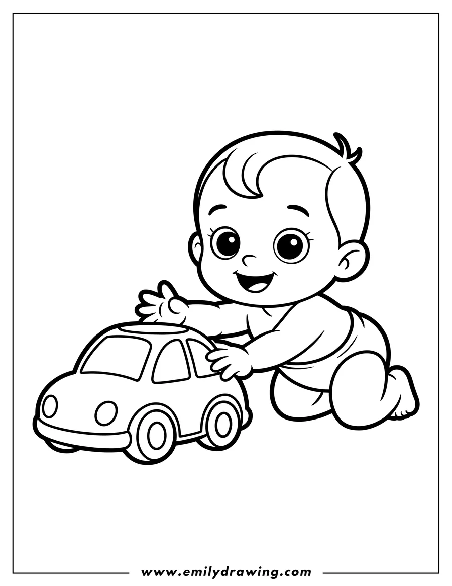 Outline of a baby playing with a toy car. The baby is crawling and reaching for the car.