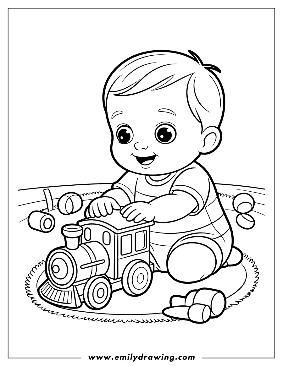 Line art of a baby playing with a toy train on a rug. Other toys are scattered around.