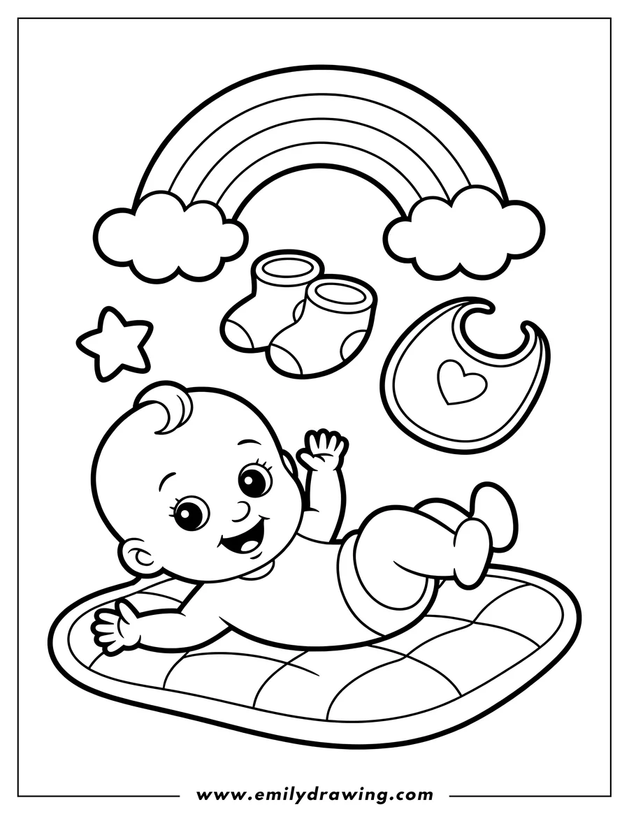 Outline of a baby lying on a playmat with a rainbow, booties, and bib.