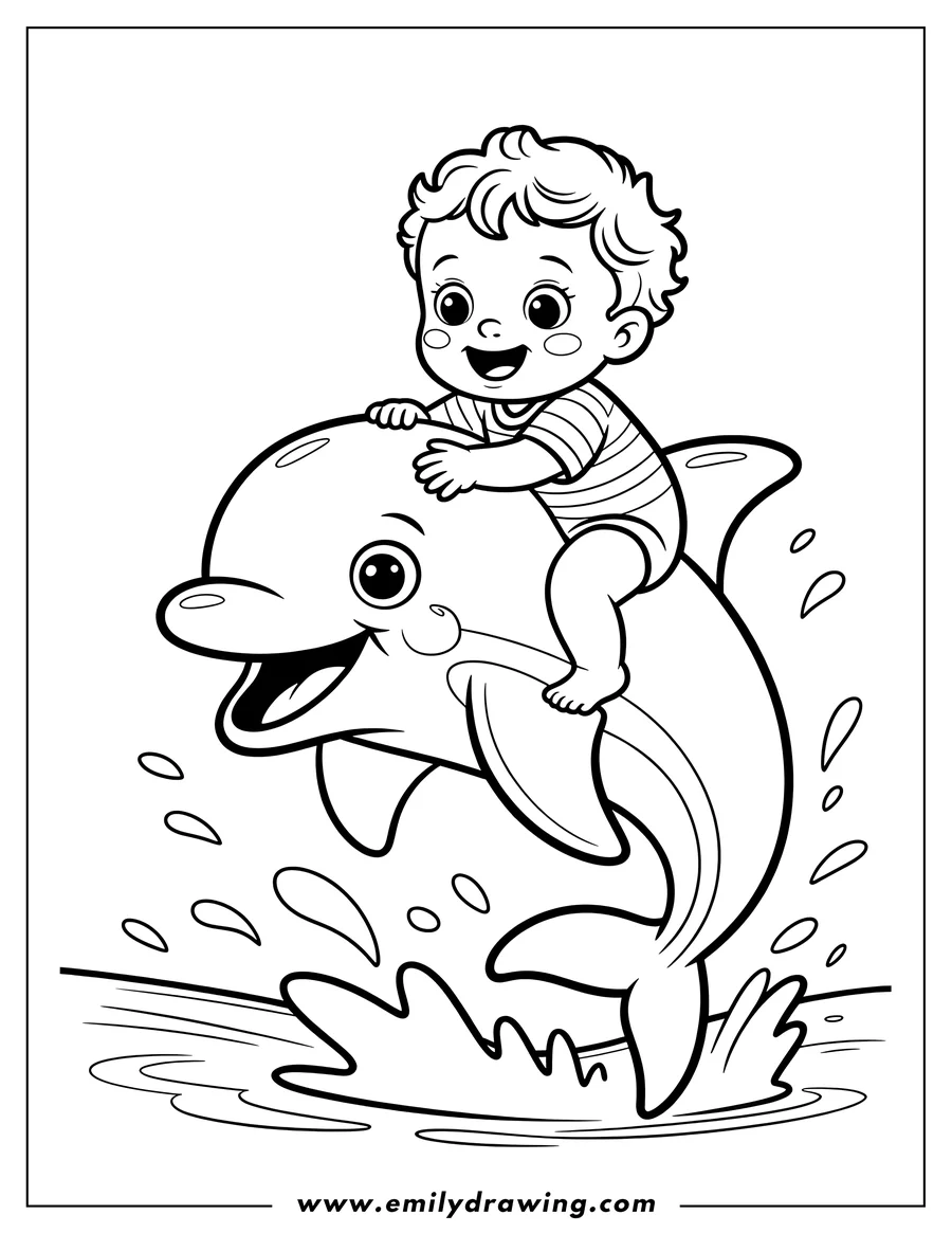 Line art of a baby riding a dolphin in the water. The baby and dolphin both appear cheerful.