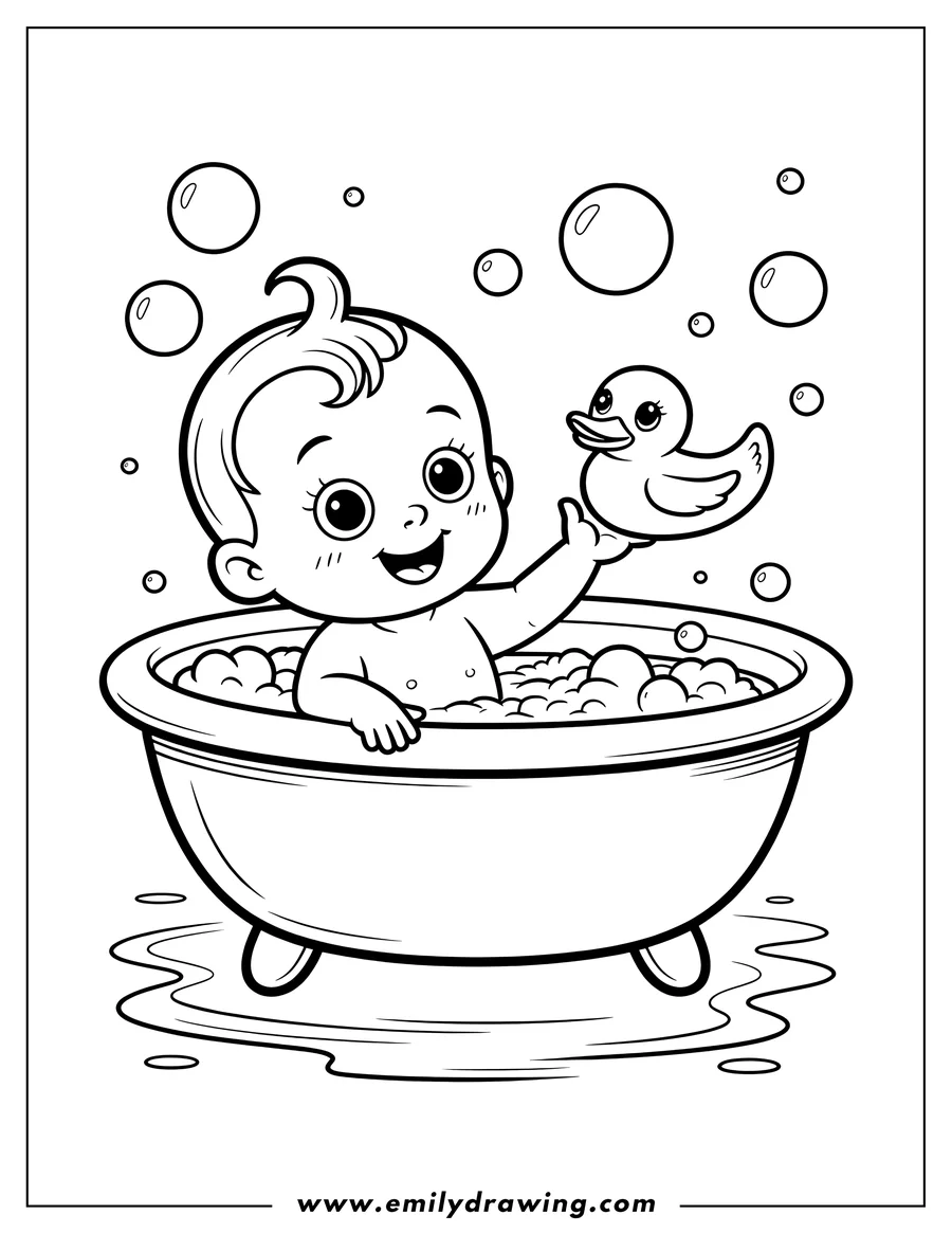 Outline of a baby happily playing with a rubber duck in a bubbly bathtub.