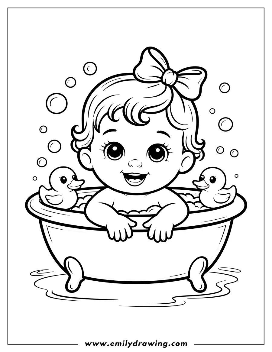 Outline of a baby in a bathtub with two rubber ducks and bubbles. The baby is smiling and wearing a bow.