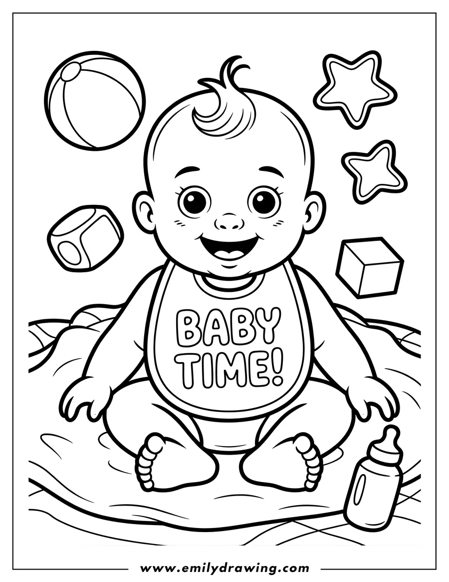 Outline of a smiling baby sitting on a blanket, wearing a bib that says 'Baby Time'. Toys like a ball, blocks, and stars are scattered around, along with a baby bottle.