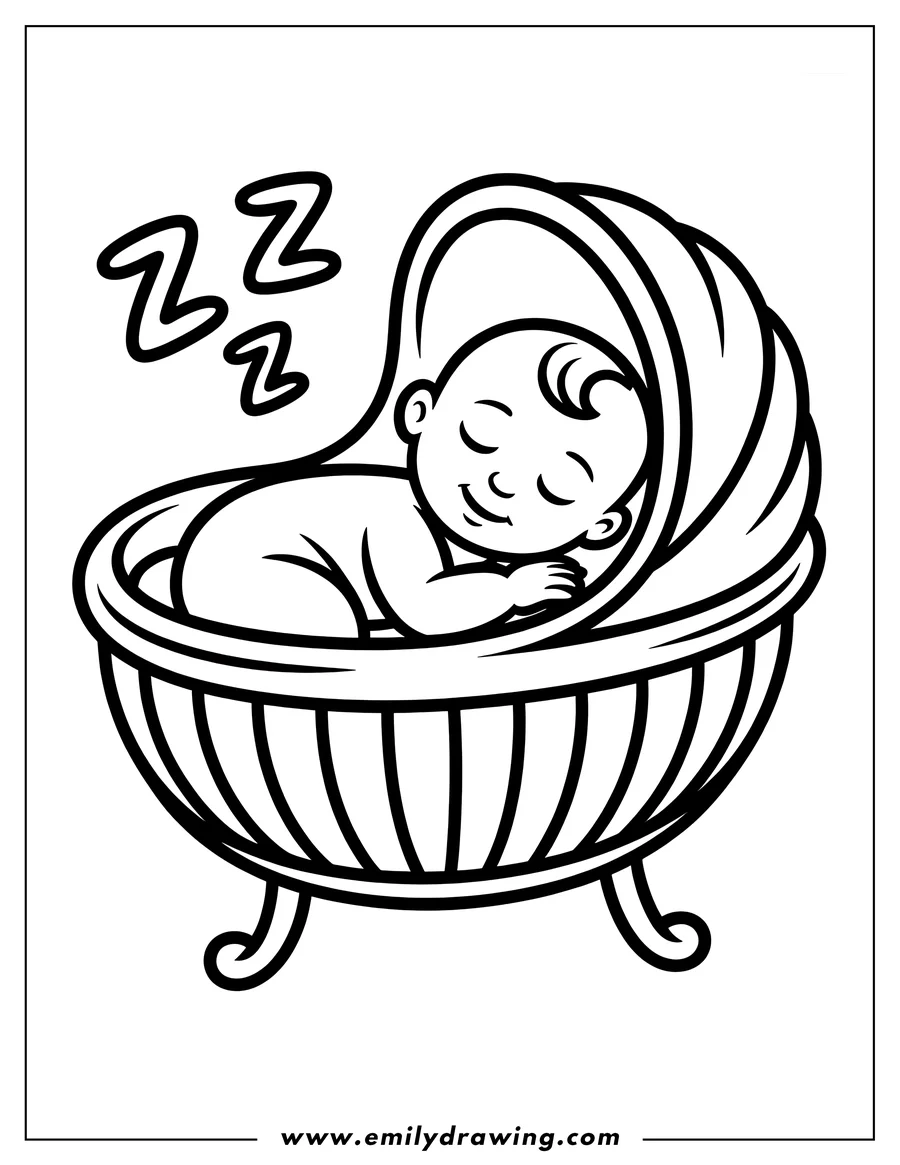 Outline of a baby sleeping soundly in a woven basket with a blanket draped over it.