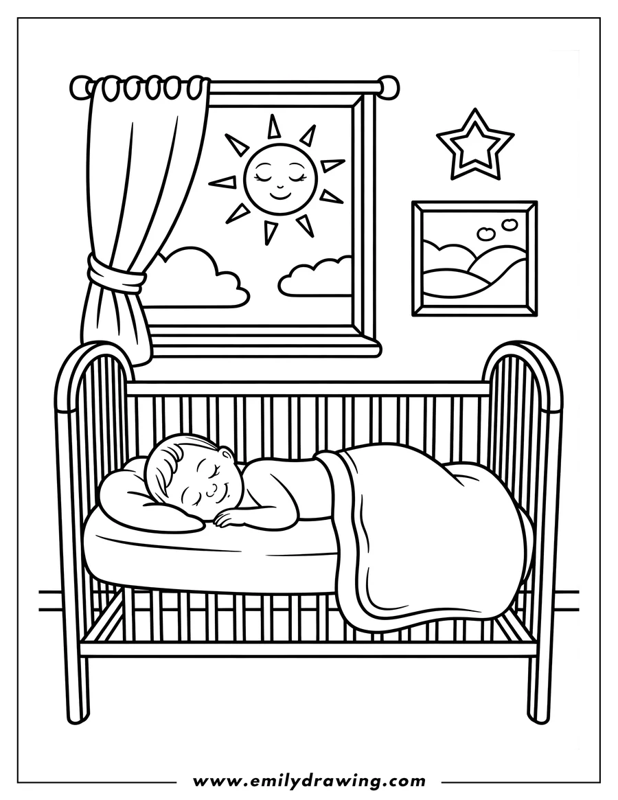 Outline of a baby sleeping peacefully in a crib, with a sunny window and a star on the wall.