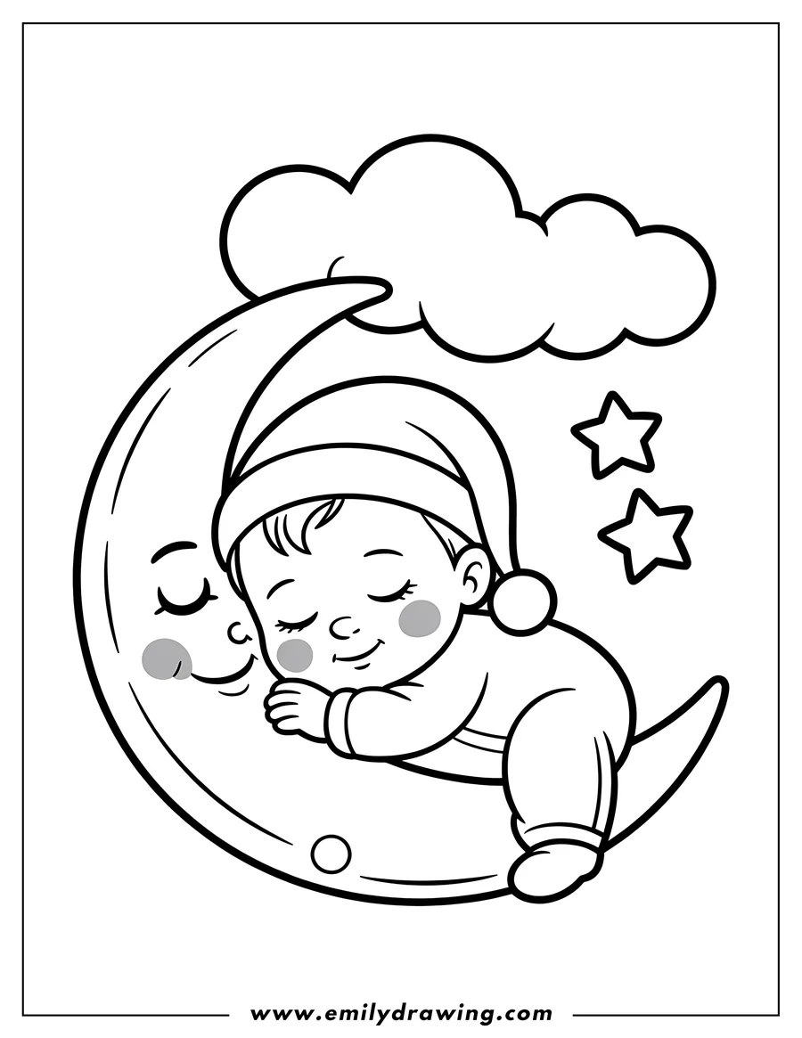 Outline of a baby sleeping peacefully on a crescent moon, wearing a nightcap, with stars and a cloud in the background.
