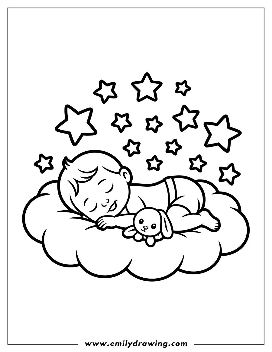 Outline of a baby sleeping on a cloud with a bunny toy and stars overhead