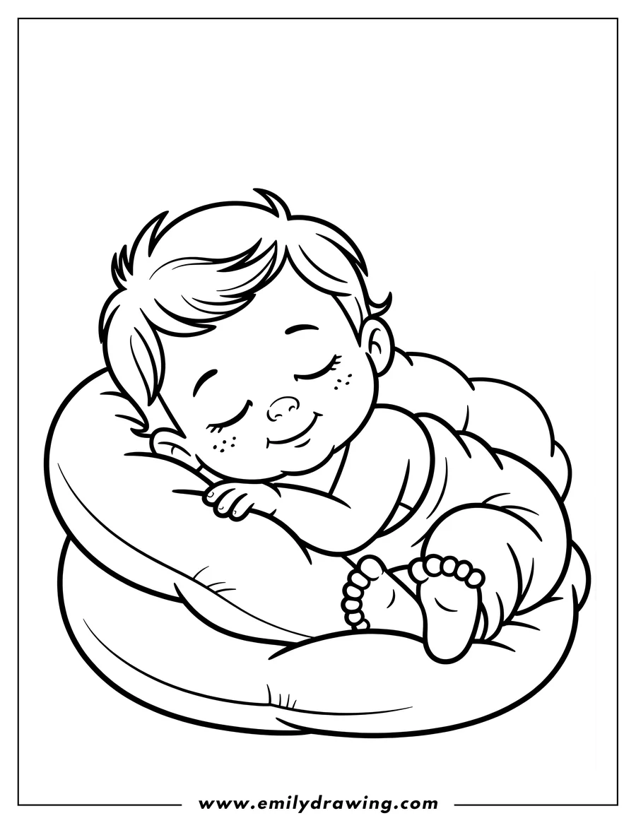 Outline of a baby sleeping peacefully on a soft pillow.