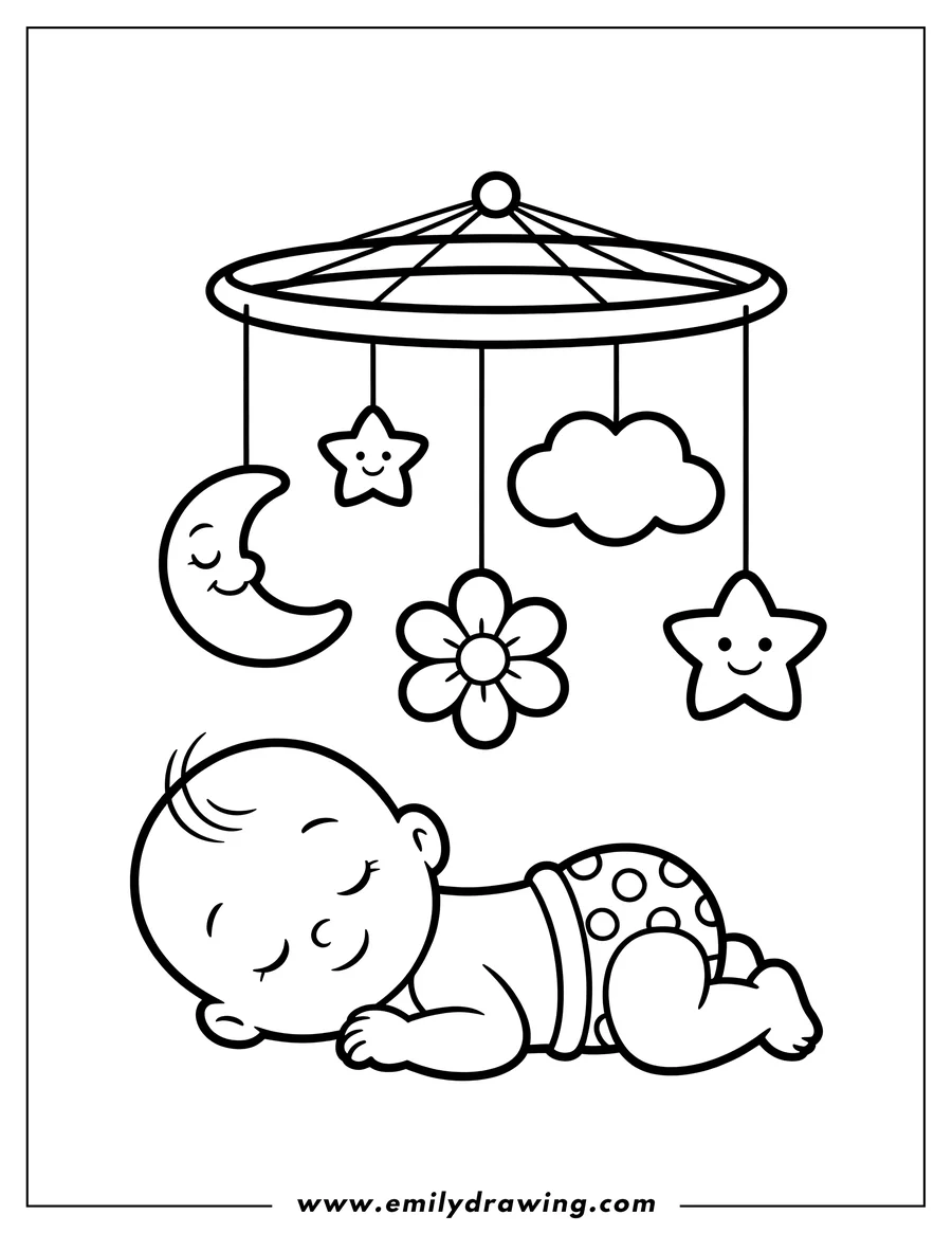 Outline of a sleeping baby lying beneath a hanging mobile with a crescent moon, stars, and a cloud.