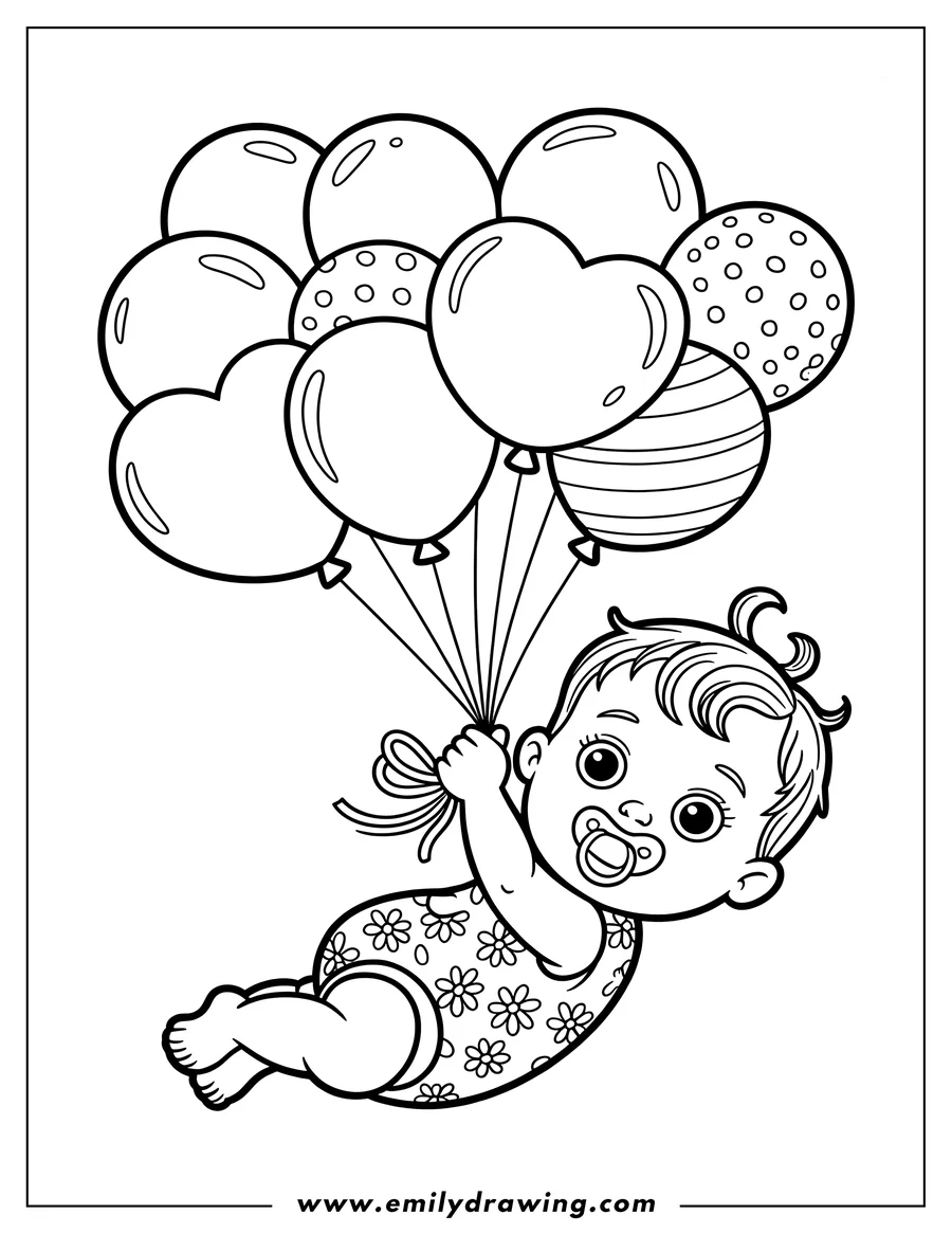 Outline of a baby holding a bunch of balloons and floating in the air. The baby has a pacifier and is wearing a diaper with a floral pattern.