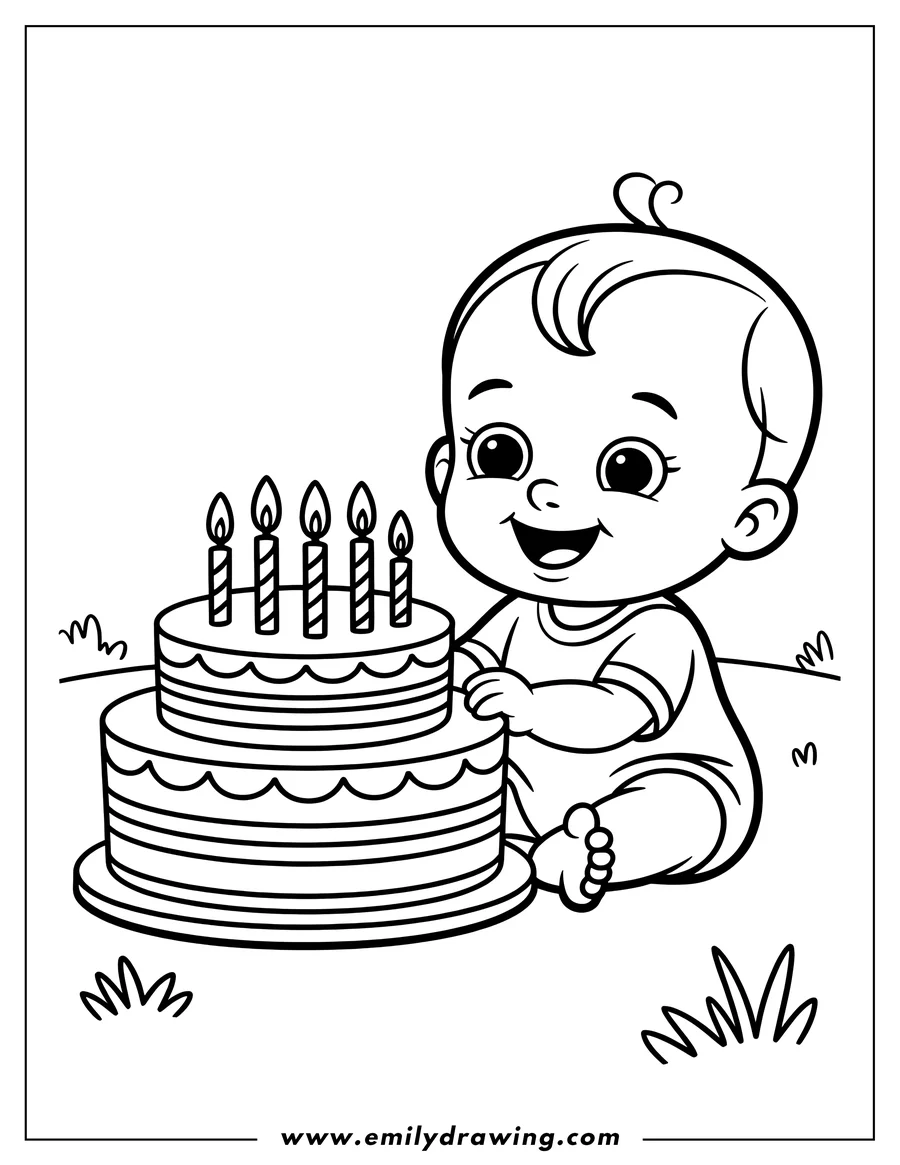 Outline of a baby sitting with a two-tiered birthday cake with lit candles.
