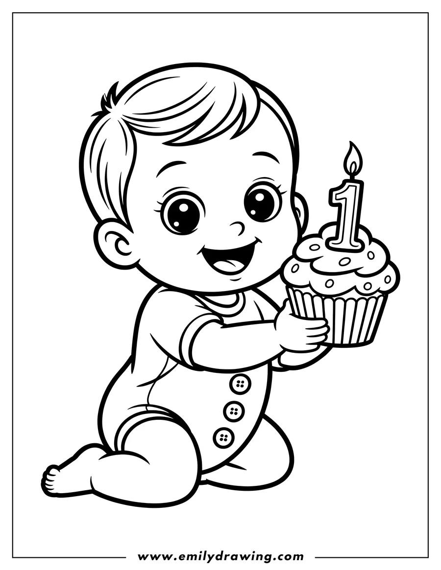 Outline of a baby holding a cupcake with a number one candle