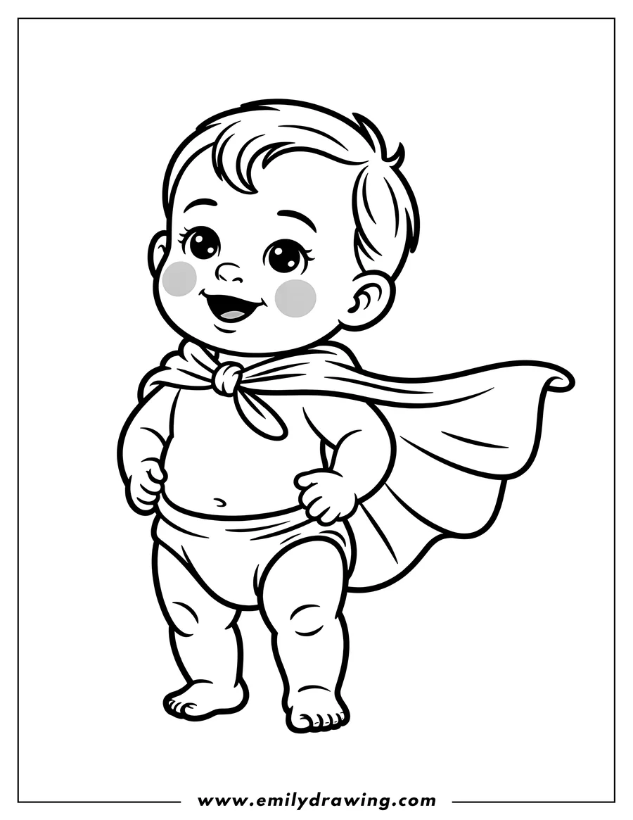 Outline of a baby wearing a cape, looking ready for adventure.