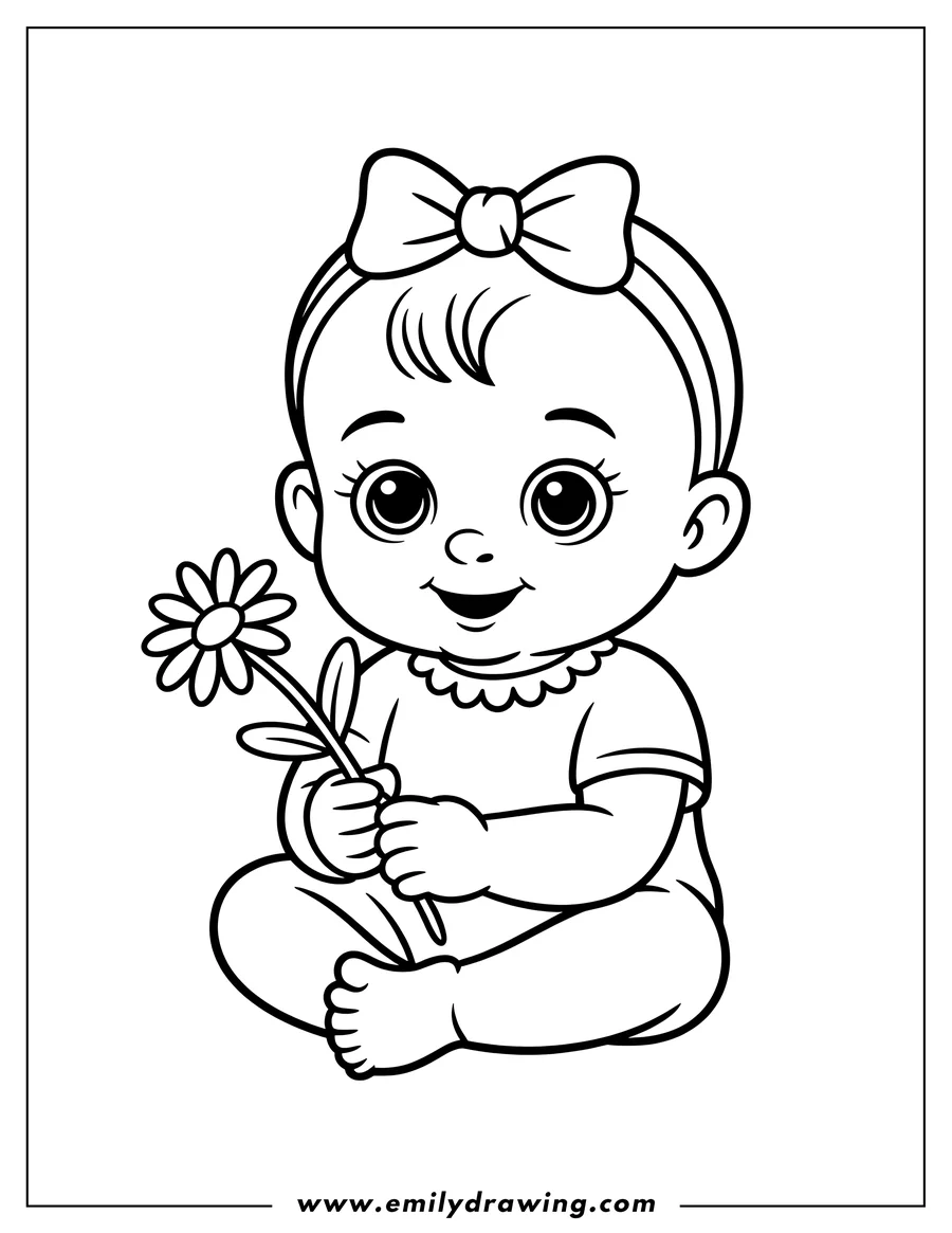 Outline of a baby sitting and holding a daisy with a bow on their head.